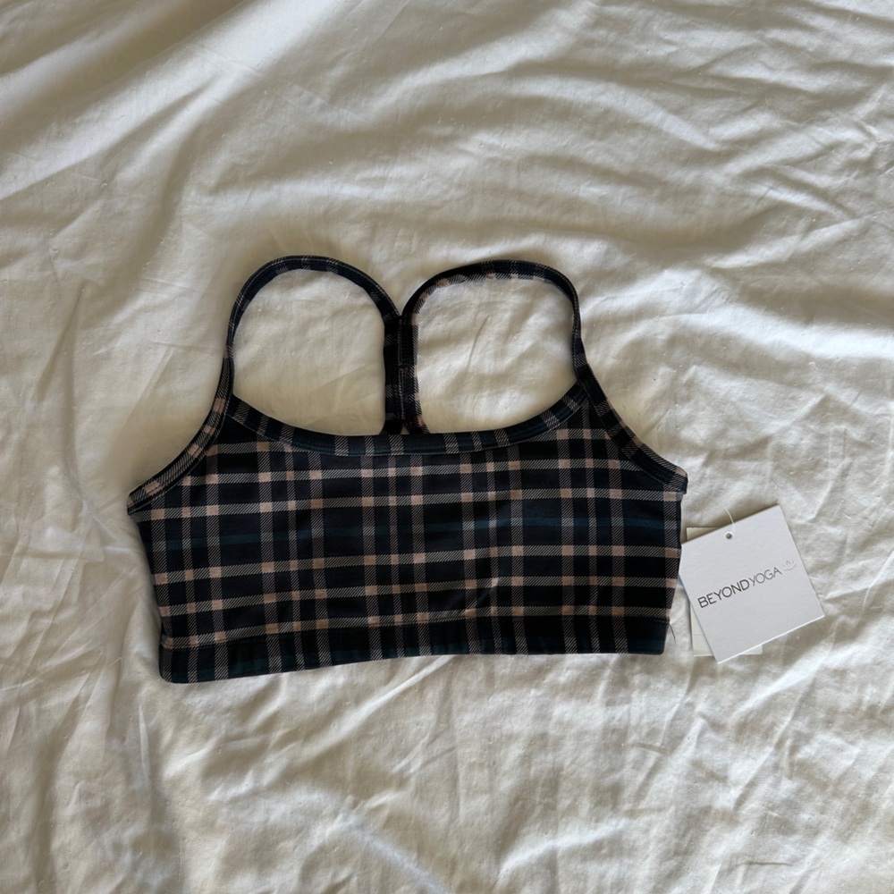 Beyond Yoga Black and Pink Plaid Sports Bra